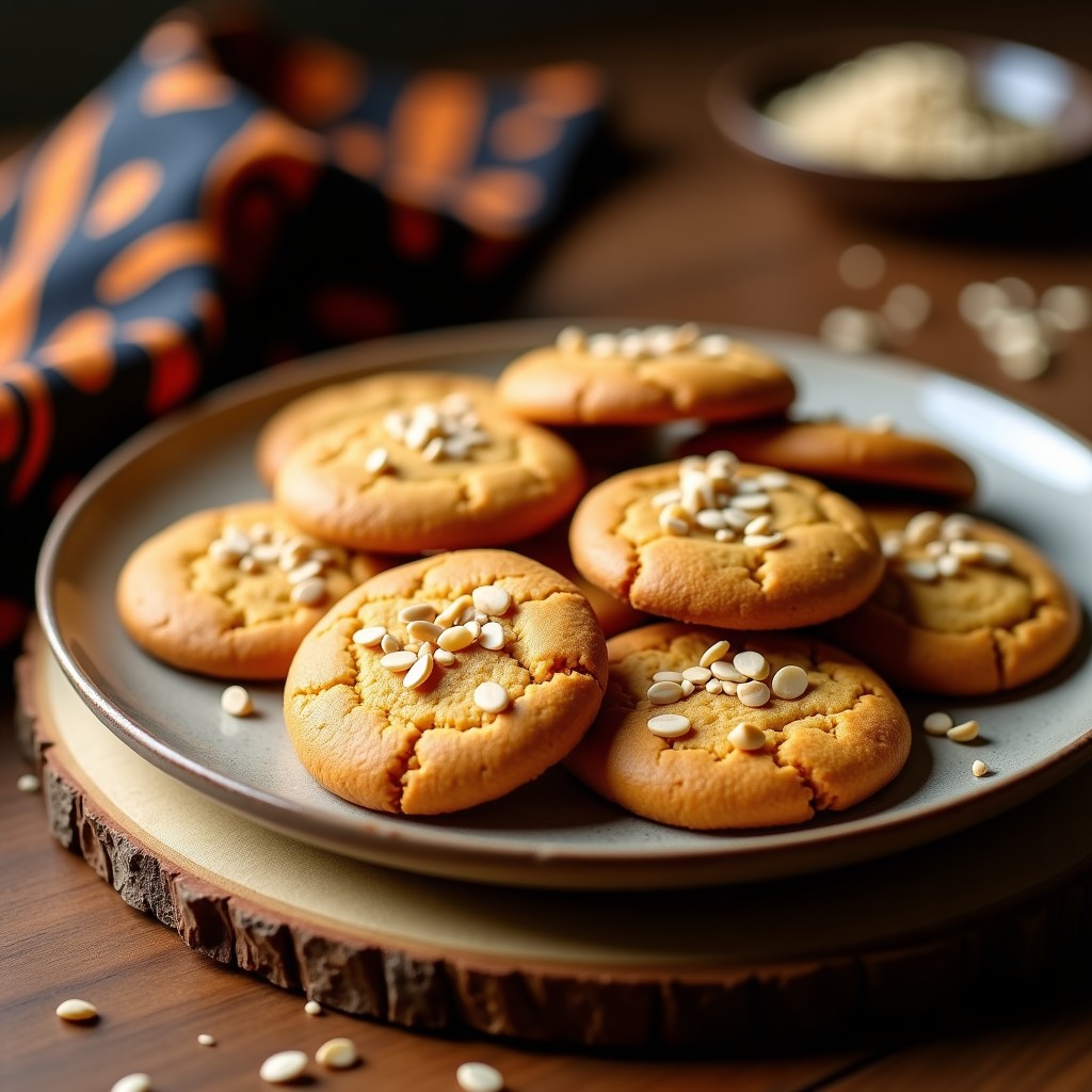 Galletas doradas y crujientes de harina de almendra con polvo de baobab, decoradas con semillas de sésamo tostadas, sobre una bandeja de madera rústica con fondo de tela africana estampada.