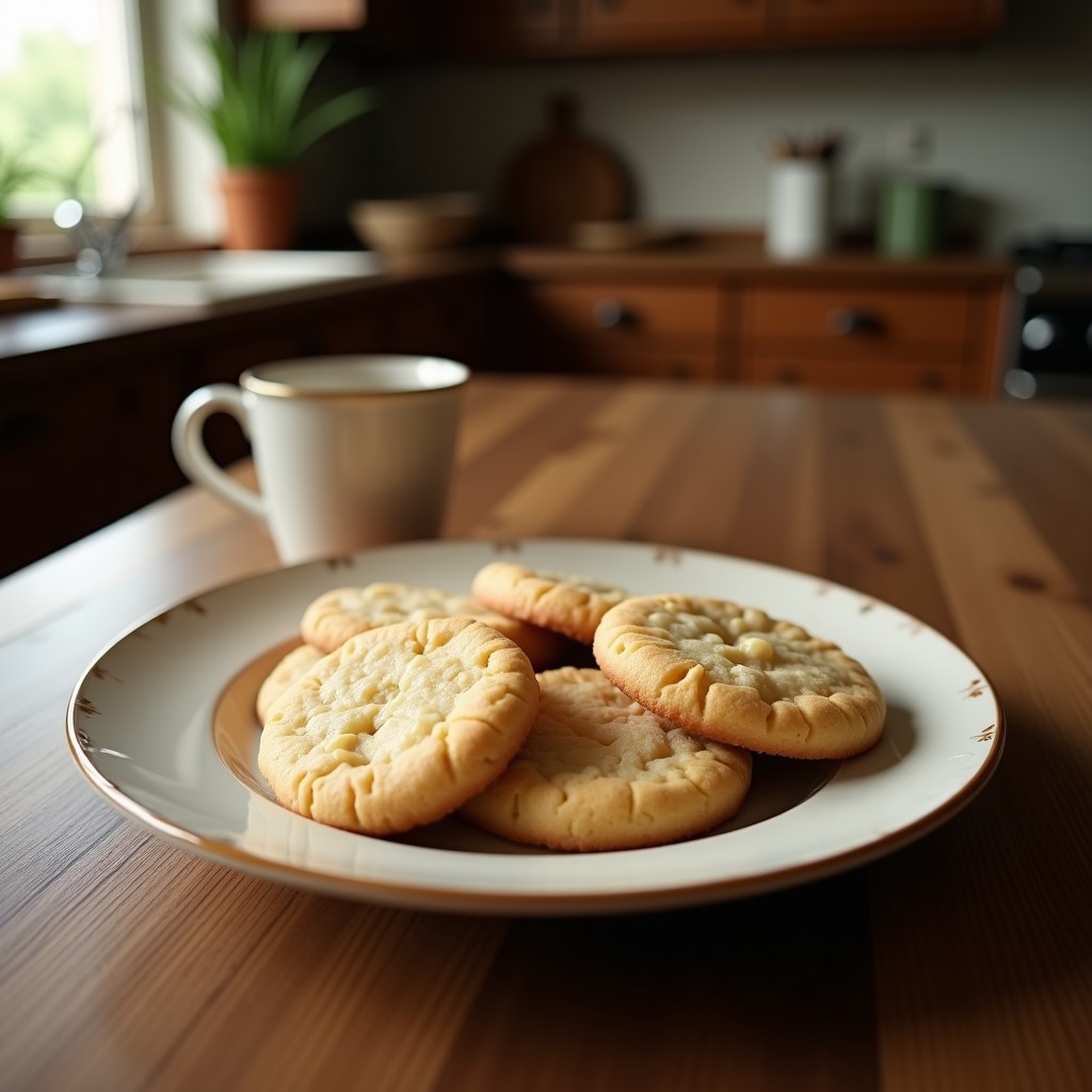 Galletas doradas y crujientes de almendra y coco con esencia de vainilla, apiladas en un plato blanco rústico sobre un mantel de lino. Detalle de la textura porosa y los trocitos de coco en la superficie, con un fondo desenfocado de ingredientes como harina de almendra y vainilla.