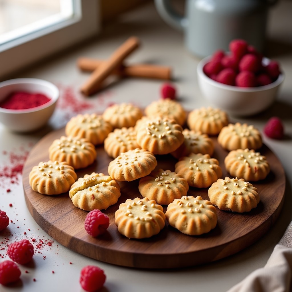 Galletas doradas de harina de almendra con trozos de frambuesa liofilizada, apiladas sobre papel de horno blanco. Textura crujiente y color vibrante, postre sin azúcar y sin horno.
