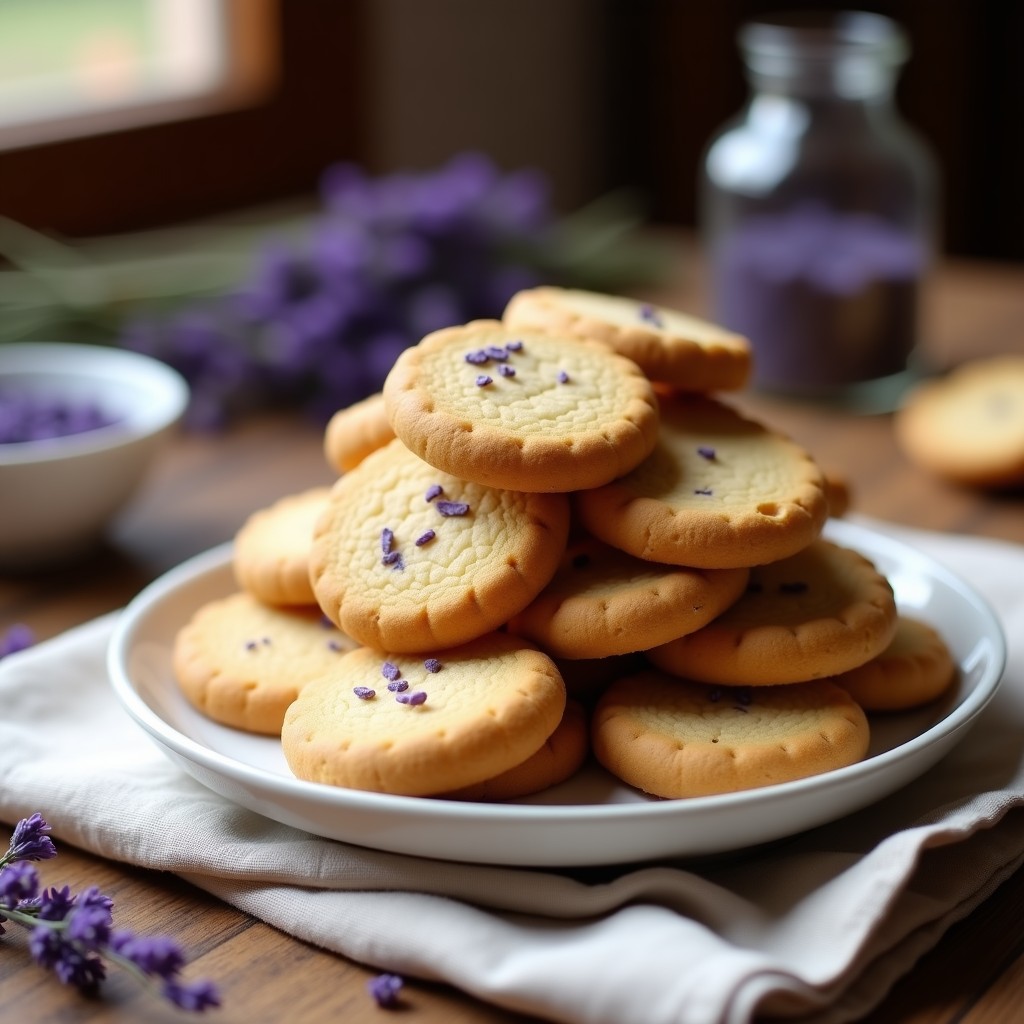Galletas doradas y crujientes de harina de almendra con toques morados de lavanda, apiladas en un plato blanco sobre un mantel rústico, receta keto con toque floral.