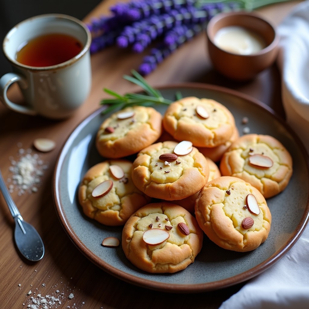 Galletas doradas de harina de almendra y lavanda sin gluten sobre una bandeja de madera, con textura crujiente y decoradas con almendras fileteadas, acompañadas de flores de lavanda frescas y una taza de té.