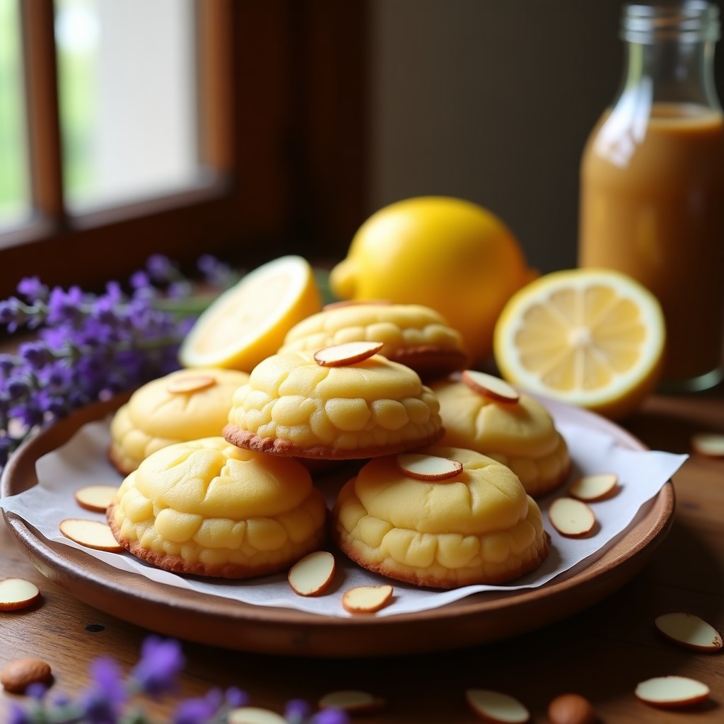 Galletas doradas de almendra y limón con esencia de lavanda sin azúcar, decoradas con almendras fileteadas, dispuestas en una bandeja de madera rústica con flores de lavanda frescas al lado.