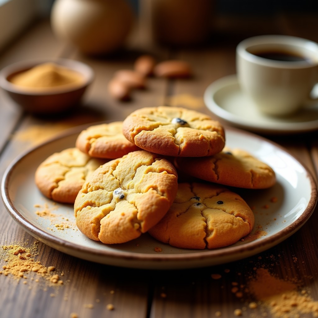 Galletas doradas y crujientes de almendra y polvo de maca, con textura ligeramente rugosa por las semillas de chía, dispuestas en un plato de madera rústico con fondo neutro. Receta keto energética con toque peruano.