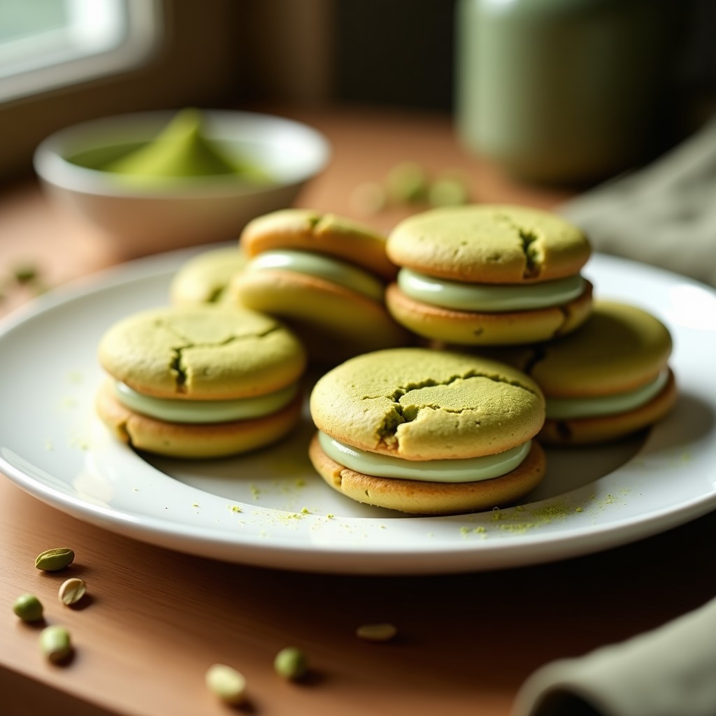 Galletas doradas de almendra y matcha con vetas verdes, rellenas de crema de pistacho cremosa y espolvoreadas con matcha en polvo, servidas en un plato blanco sobre fondo rústico.