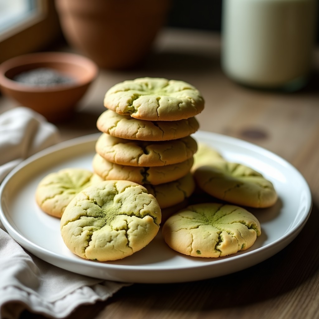 Galletas doradas de almendra y matcha con semillas de chía, apiladas en un plato de cerámica blanca sobre fondo rústico de madera, postre vegano sin harina y sin azúcar.