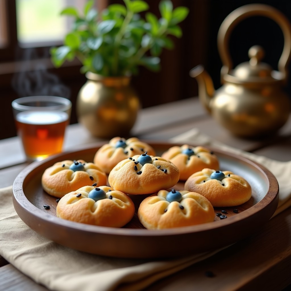 Bandeja de madera con galletas doradas de almendra y miel, decoradas con semillas de amapola azules, sobre un mantel rústico con té de menta al fondo, postre árabe tradicional.