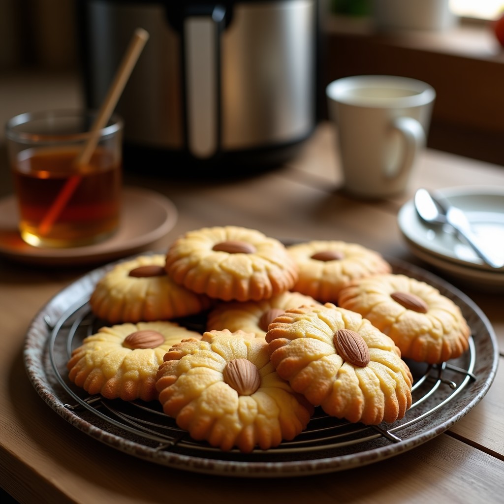 Galletas doradas de almendra y miel con cardamomo, decoradas con almendras fileteadas, sobre una rejilla de enfriado con fondo rústico de madera. Receta sin harina en airfryer.