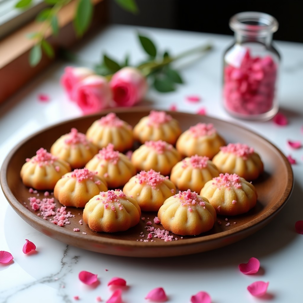 Galletas doradas y esponjosas de almendra con pétalos de rosa comestibles y almendras fileteadas, dispuestas en una bandeja de madera rústica. Receta sin harina y baja en calorías para tupper.
