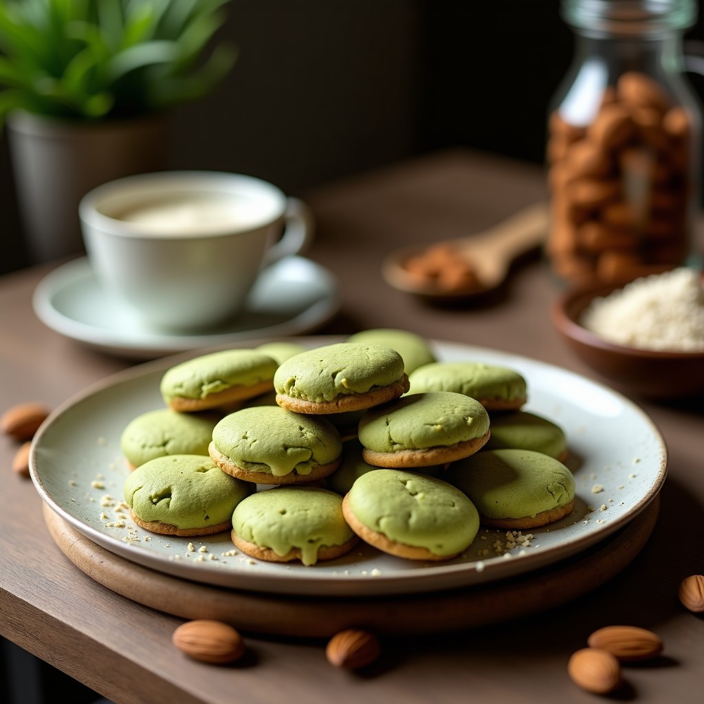 Galletas redondas de color verde pálido con trocitos de almendras tostadas, apiladas en un plato blanco sobre fondo de madera. Postre sin gluten y bajo en carbohidratos de almendras y matcha.