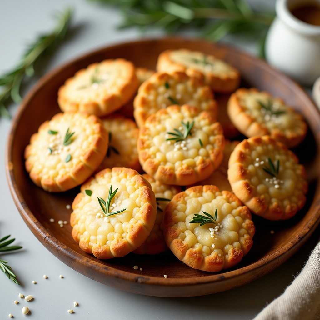 Galletas doradas y crujientes de alubias blancas con hojas de romero fresco esparcidas, horneadas en airfryer y dispuestas en un plato de madera rústico. Snack keto sin harina con textura perfecta.