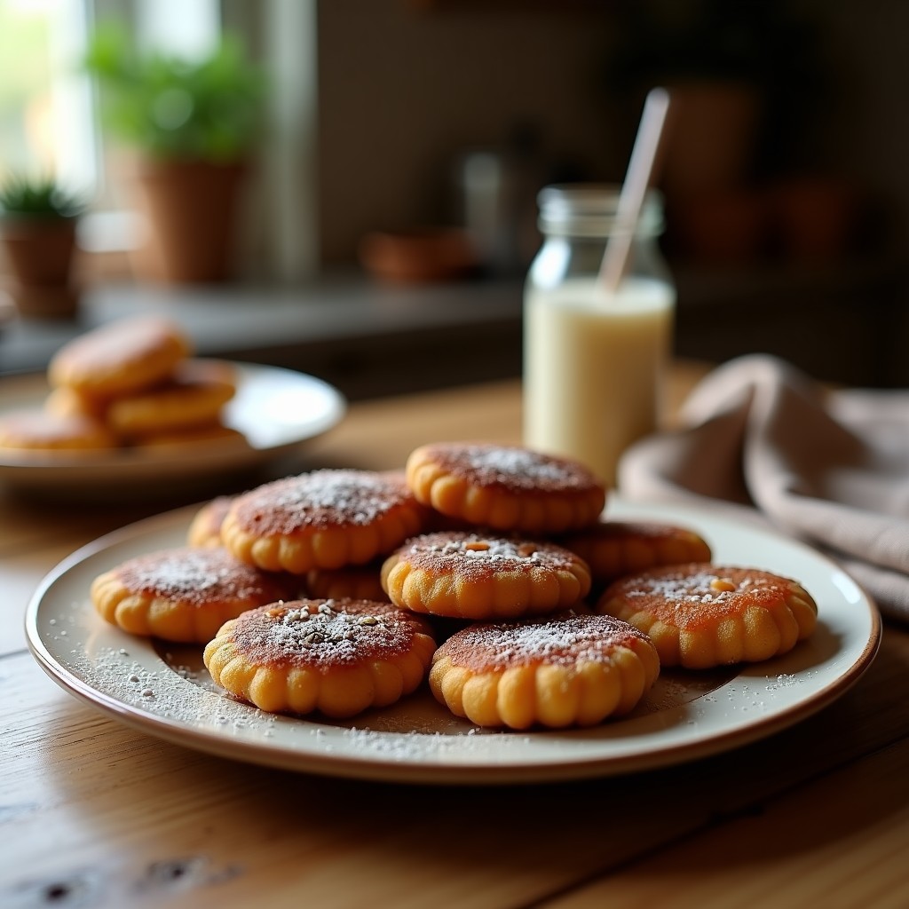 Galletas doradas de avellana y cacao con especias de chai, sin harina ni azúcar, apiladas en un plato rústico de cerámica con detalles de cacao en polvo y semillas de cardamomo alrededor.