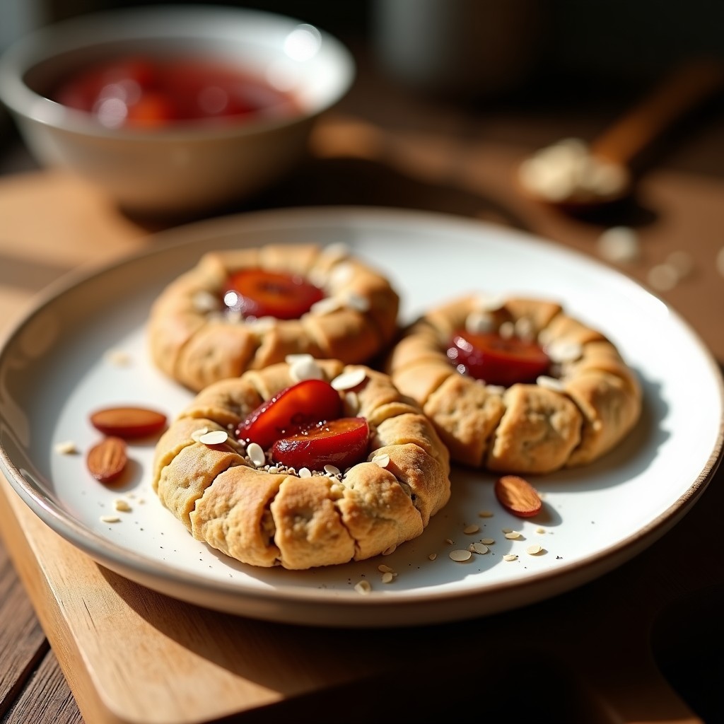 Galletas doradas de avena y semillas de chía con vetas de compota de ciruelas, apiladas en un plato rústico de cerámica blanca sobre fondo de madera clara, postre saludable sin azúcar.