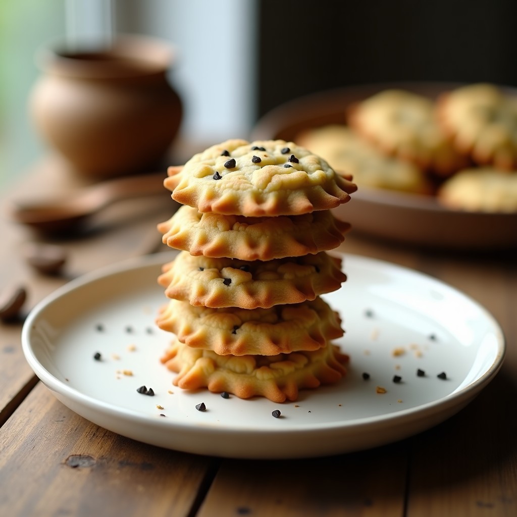 Galletas doradas y crujientes de semillas de chía y amapola con especias de cardamomo, dispuestas en una bandeja de madera rústica con semillas de sésamo espolvoreadas, snack keto rápido y saludable.