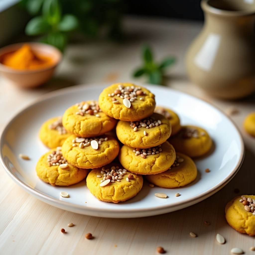 Galletas doradas y compactas de semillas de chía y cúrcuma, apiladas en un plato de cerámica blanca con detalles rústicos. Se aprecian las semillas de chía integradas en la superficie y un polvo dorado de cúrcuma espolvoreado. Fondo neutro con texturas naturales como lino o madera clara, resaltando el snack antiinflamatorio sin horno.