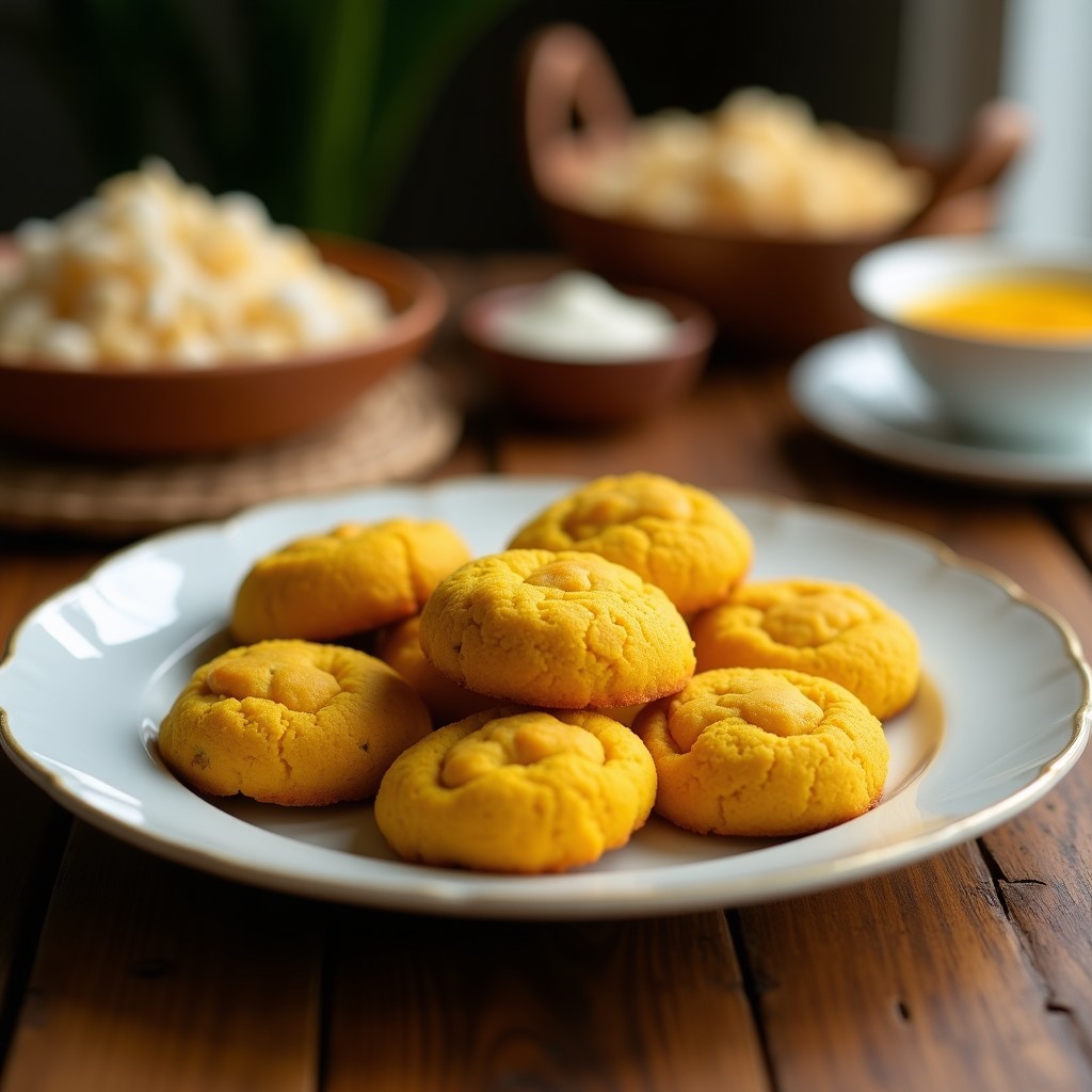 Galletas doradas y crujientes de harina de garbanzo con cúrcuma, decoradas con chips de coco y semillas de sésamo, servidas en una bandeja de madera rústica. Snack antiinflamatorio vegano y sin gluten.