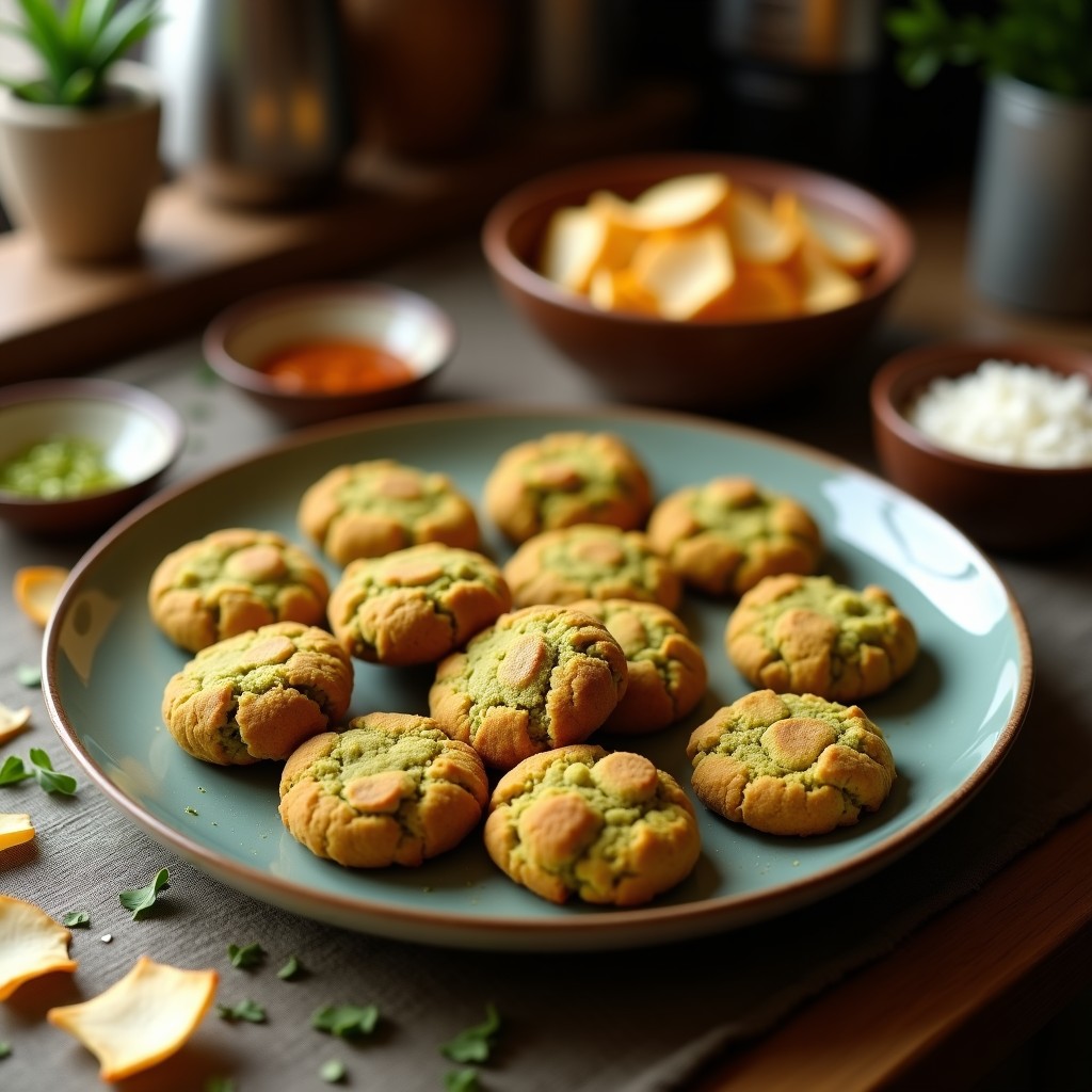 Galletas redondas y doradas de garbanzo y matcha con chips de coco y semillas de sésamo, snack vegano alto en fibra y sin horno, servidas en una bandeja de madera rústica.