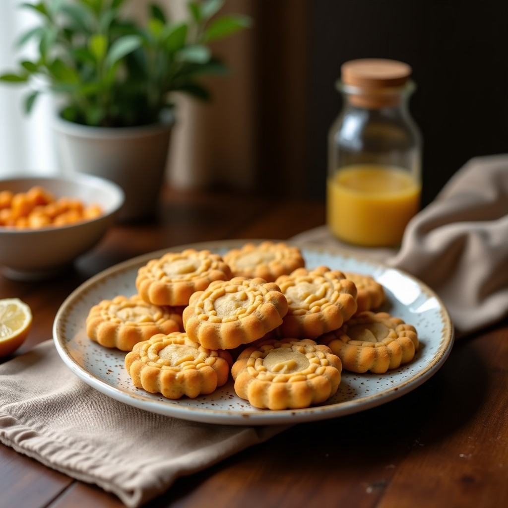 Bandeja de madera con galletas doradas de harina de garbanzo y miel de dátil, decoradas con semillas de sésamo y almendras fileteadas, sobre un mantel rústico con un tarro de miel y dátiles al fondo, receta mediterránea sin harina de trigo.