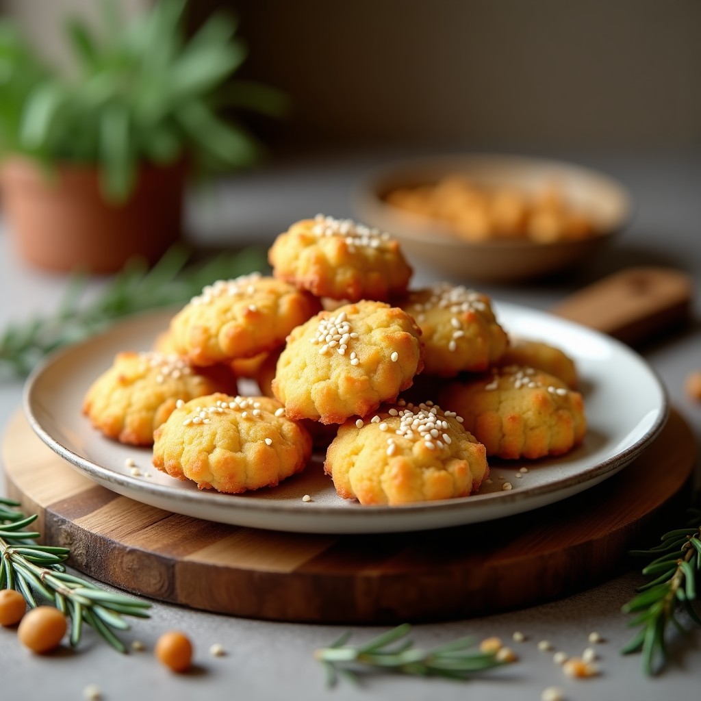 Galletas doradas y crujientes de garbanzo y romero dispuestas en una bandeja de madera, con semillas de sésamo visibles y hojas de romero fresco como decoración. Receta de aperitivo proteico en airfryer.