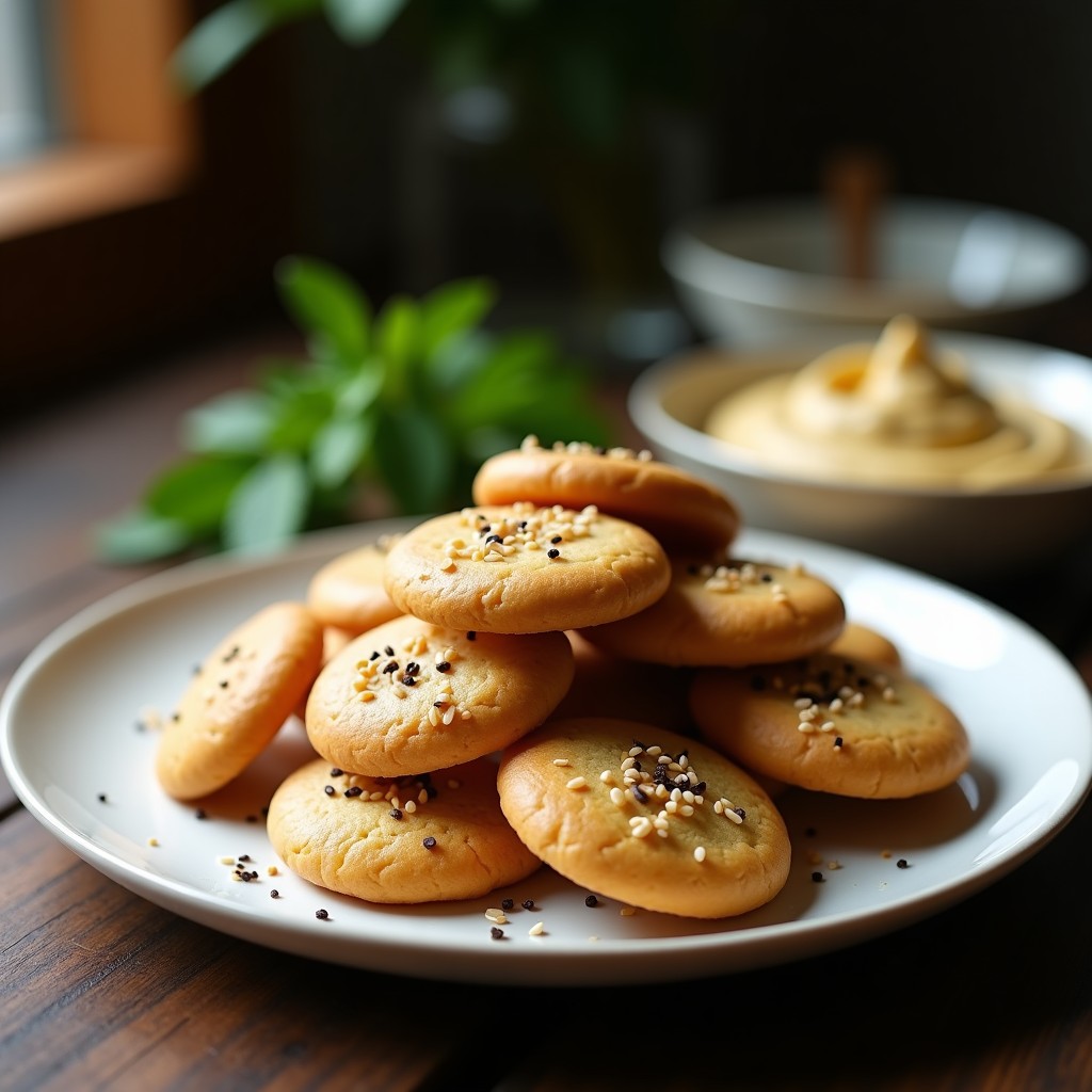Plato blanco rústico con galletas de garbanzo y tahini doradas, decoradas con semillas de sésamo negro, sobre un fondo de madera oscura. Aperitivo viral crujiente y aromático, ideal para compartir.