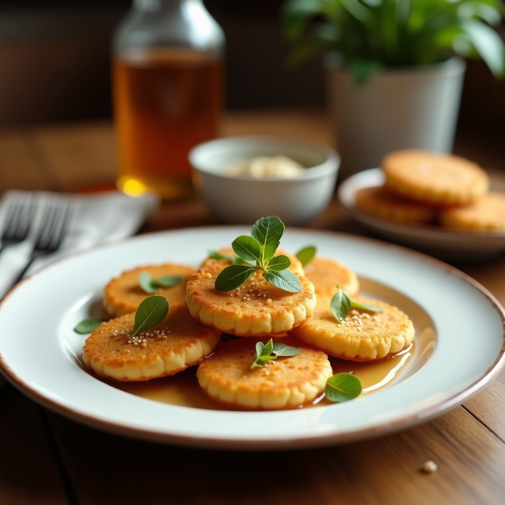 Galletas doradas y crujientes de harina de garbanzo y tahini con miel de dátiles, decoradas con semillas de sésamo tostadas, sobre una bandeja de madera rústica con un paño de lino beige. Postre mediterráneo sin harina, alto en proteína.