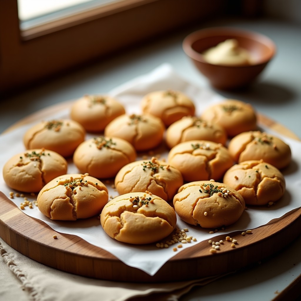 Galletas redondas doradas de harina de garbanzo y tahini con semillas de sésamo y zaatar, dispuestas en una bandeja de madera rústica con fondo de tela de lino. Receta libanesa sin gluten y alta en hierro.