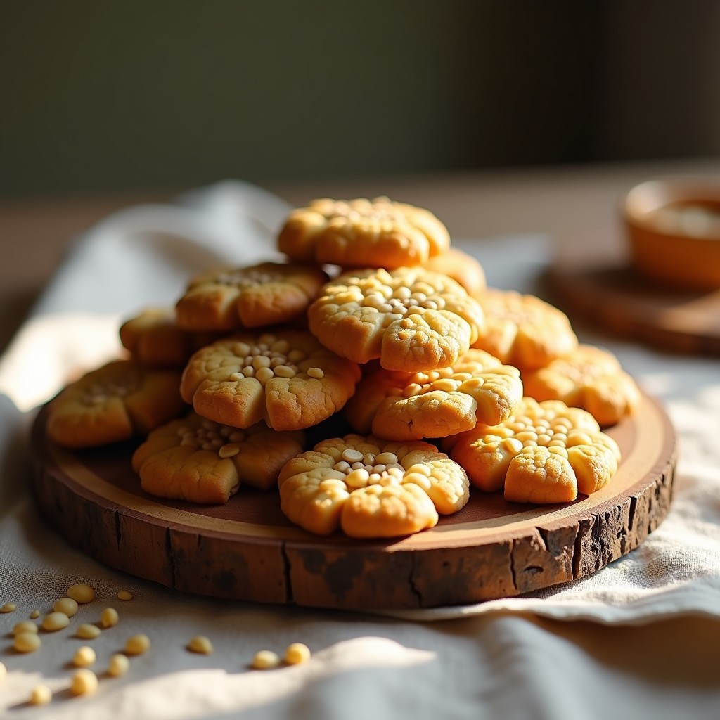 Bandeja de madera con galletas doradas de garbanzo y tahini, cubiertas de semillas de sésamo tostadas, crujientes y apiladas. Snack vegano y alto en proteína sobre fondo rústico.