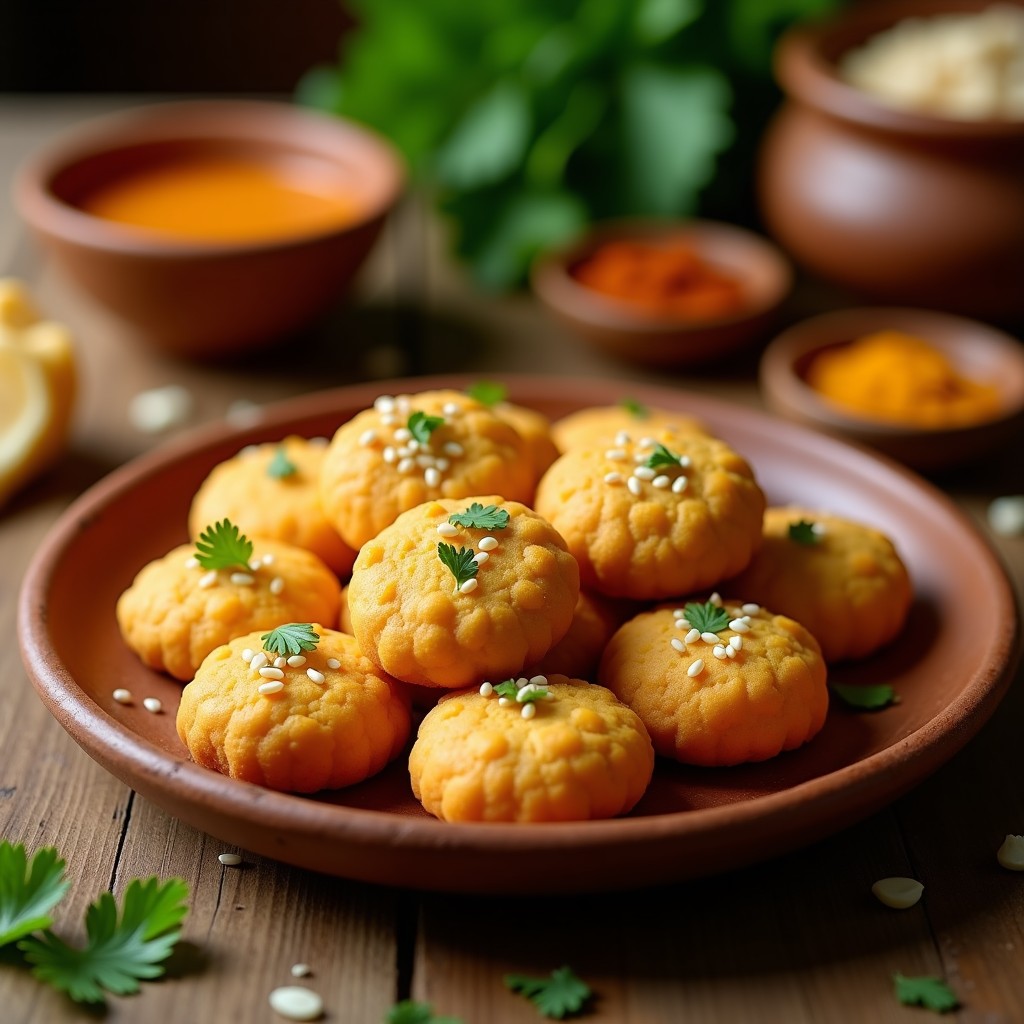 Galletas doradas y crujientes de garbanzo y tamarindo en airfryer, con semillas de sésamo y cilantro fresco, servidas en un plato rústico de barro con fondo de especias indias.