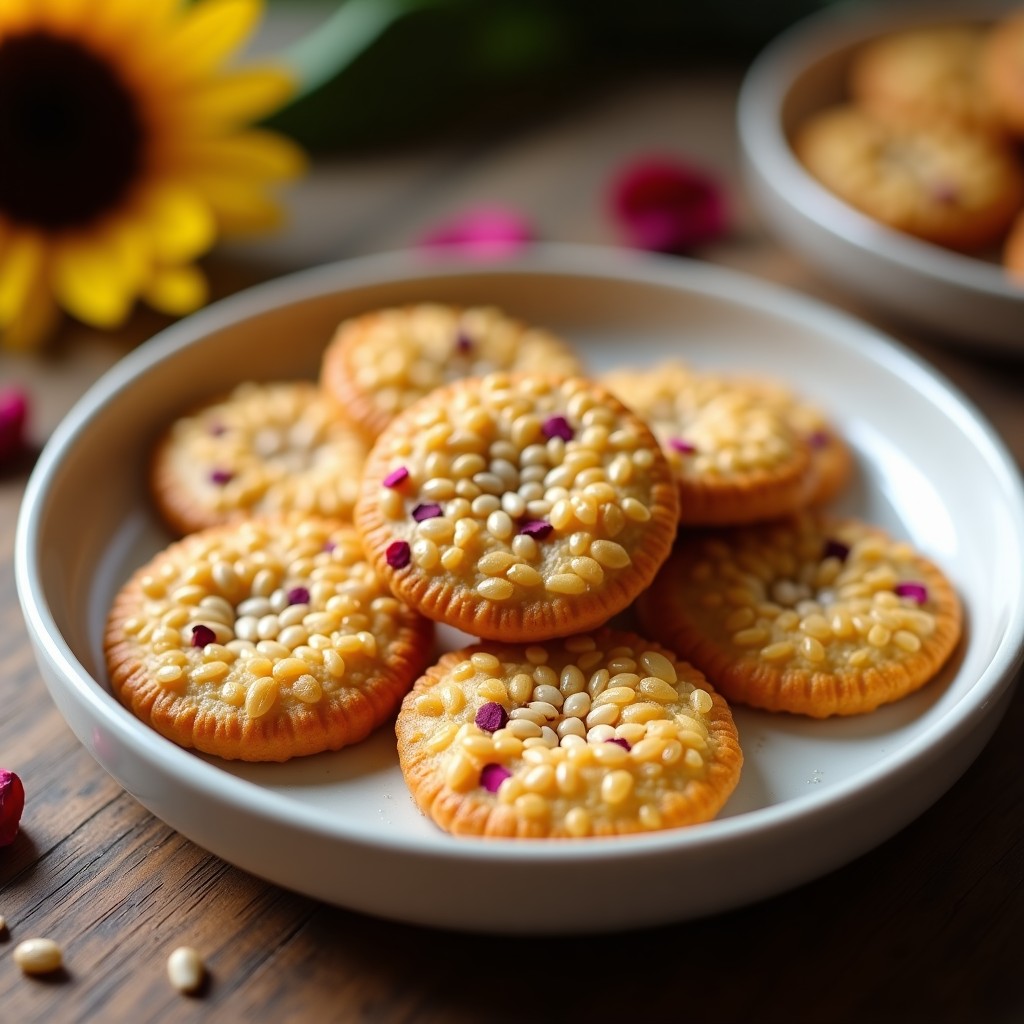 Galletas saladas redondas y doradas de semillas de girasol con pétalos de rosa rosados esparcidos por encima, sobre una bandeja de madera rústica. Snack vegano sin harina con textura crujiente y detalles florales.