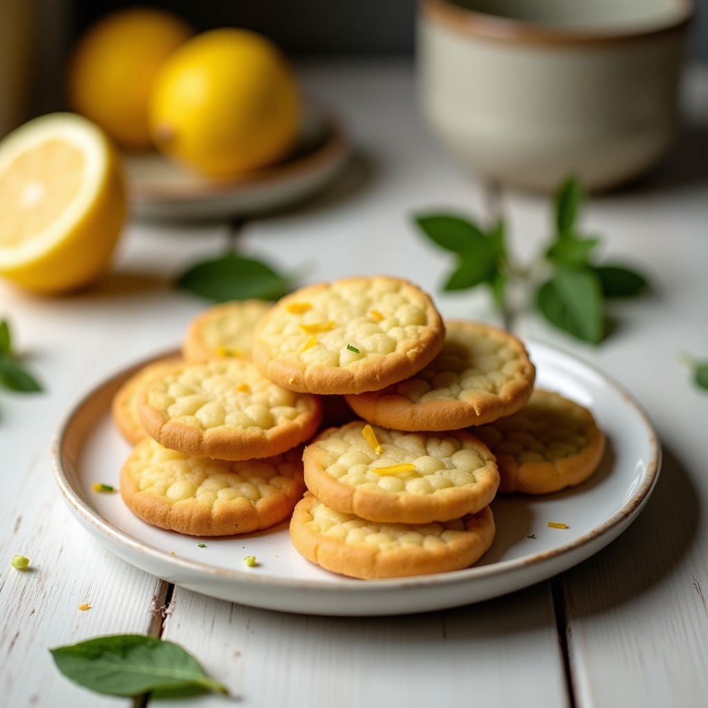 Galletas doradas y crujientes de harina de guisante con ralladura de limón, apiladas en un plato blanco rústico sobre fondo de madera clara. Snack sin gluten y alto en proteína.