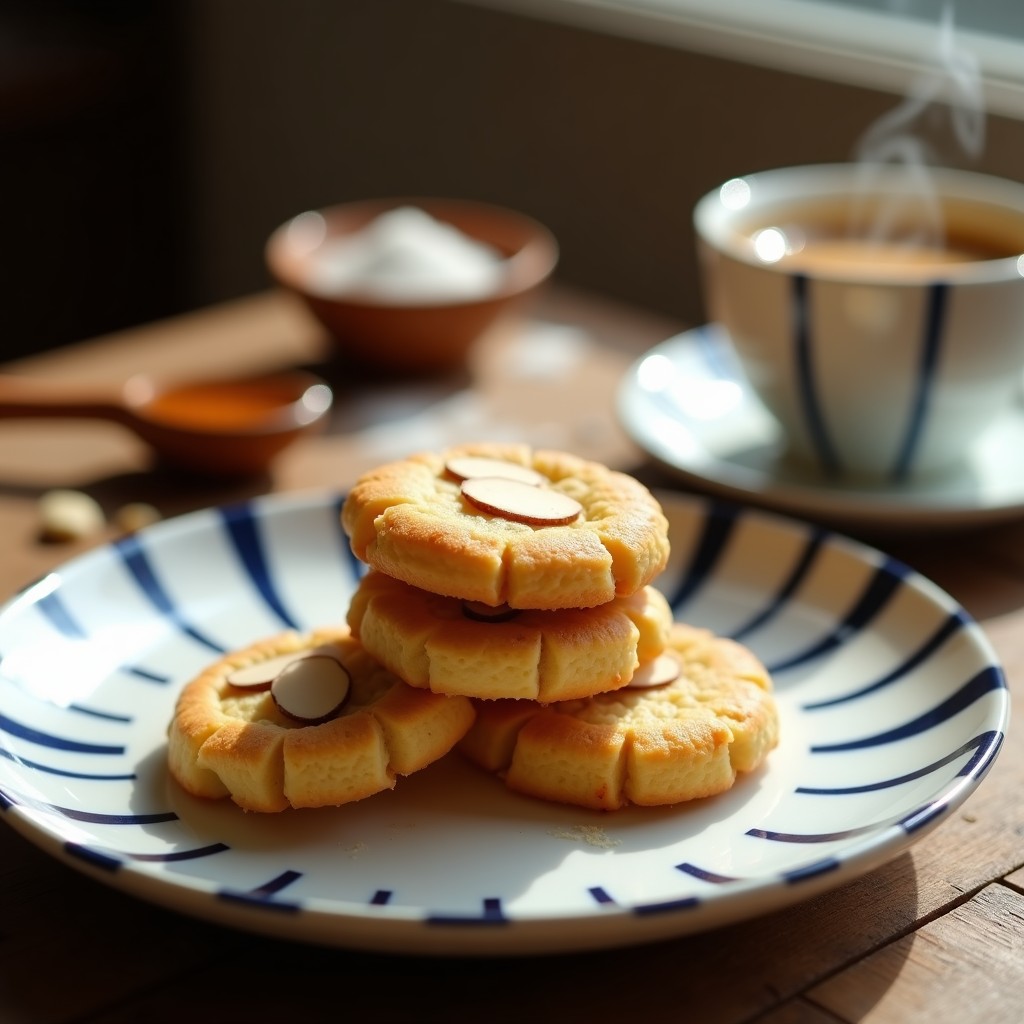 Galletas doradas y crujientes de harina de algodón y miel, con trocitos de almendra y ralladura de limón, dispuestas en una bandeja de madera rústica sobre un mantel de lino. Receta colombiana keto y sin gluten.