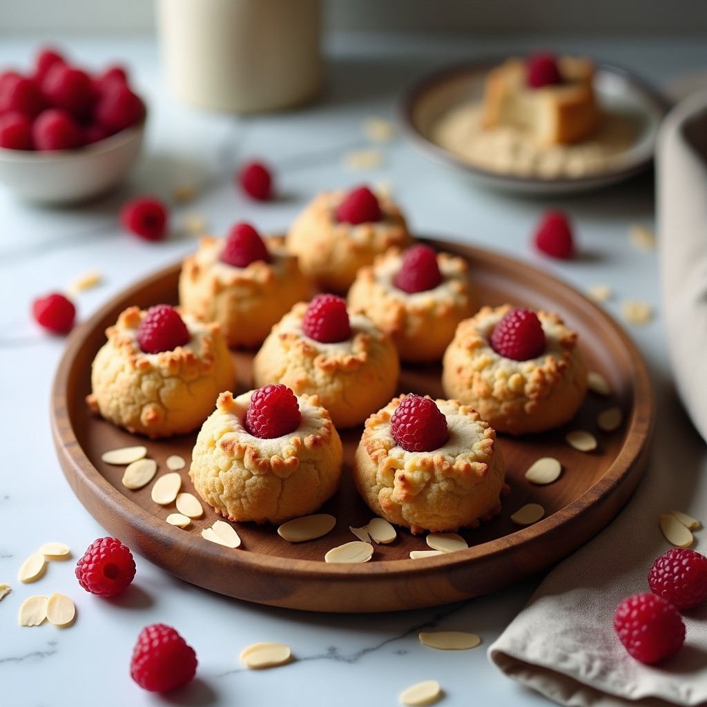 Galletas doradas de harina de almendra con frambuesas frescas asomando en la superficie, textura crujiente por fuera y esponjosa por dentro, servidas en una bandeja de madera rústica con fondo de papel de hornear.