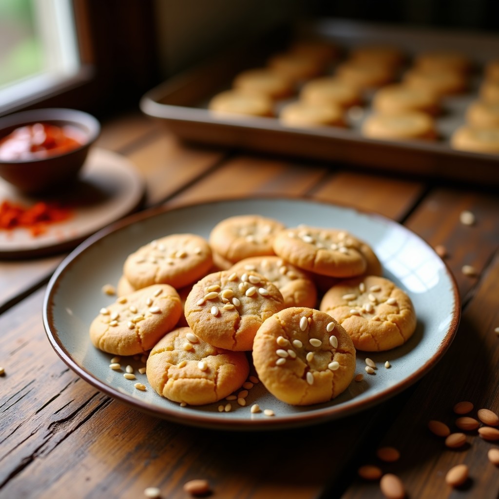 Bandeja de galletas doradas de harina de almendra con semillas de sésamo, crujientes y ligeramente picantes por la harissa, dispuestas sobre papel de hornear rústico.