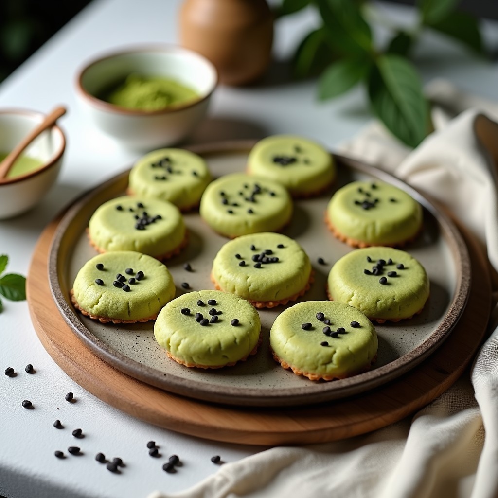 Galletas doradas y crujientes de harina de almendra y matcha, con semillas de sésamo por encima, dispuestas en una bandeja de madera rústica junto a una taza de té verde. Snack sin azúcar y alto en antioxidantes.