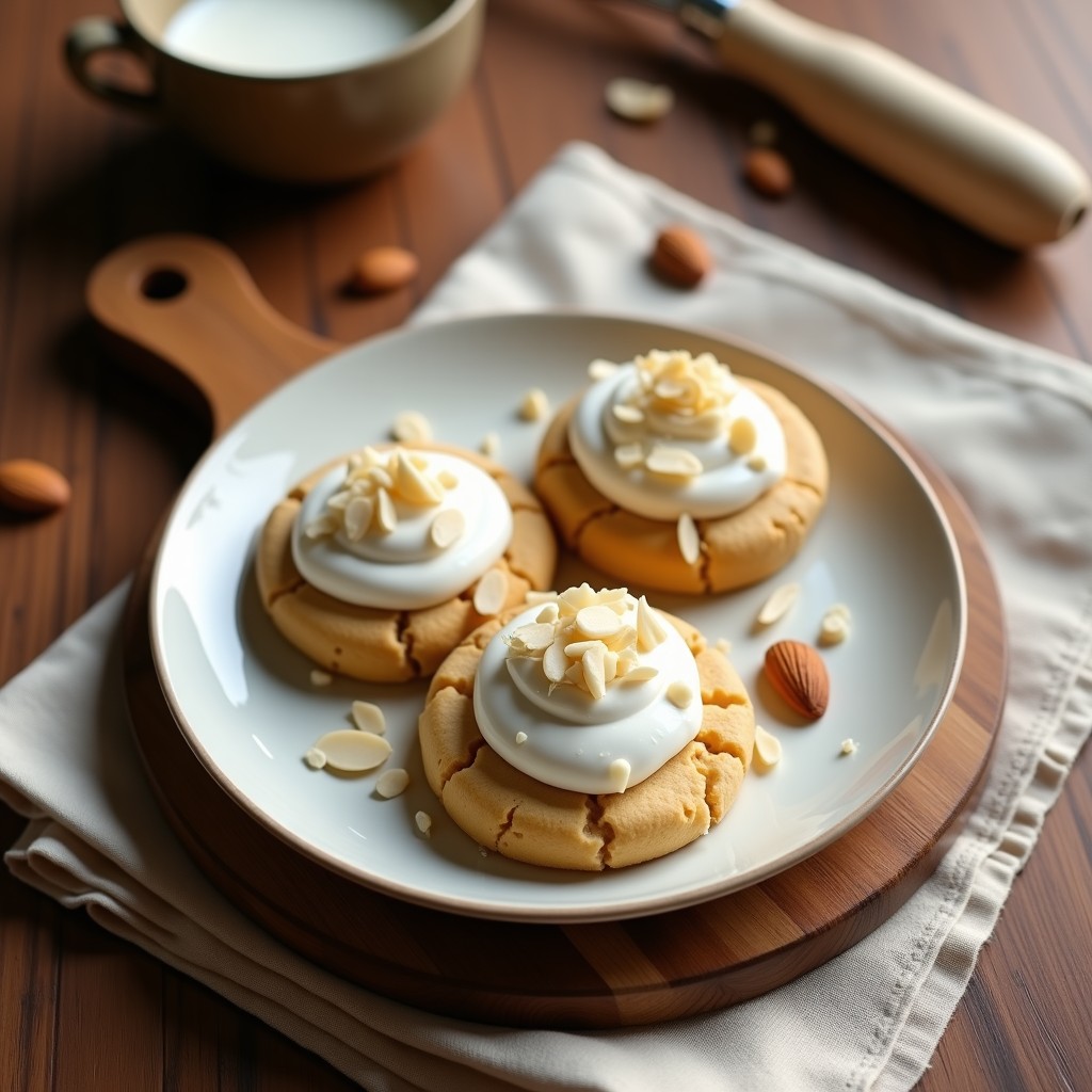Galletas doradas con textura esponjosa y merengue aireado, decoradas con almendras fileteadas, sobre una bandeja de madera rústica. Postre vegano sin gluten de harina de almendra y aquafaba.