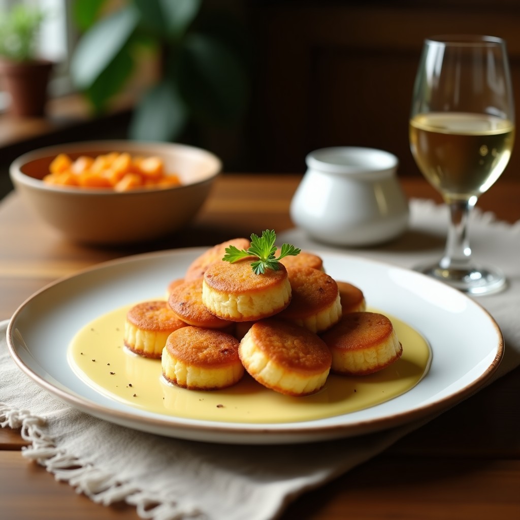 Galletas doradas y crujientes de harina de almendra y miso blanco, decoradas con semillas de sésamo tostadas, dispuestas en un plato de cerámica blanca sobre un fondo de madera rústica. Receta de snack proteico sin horno.