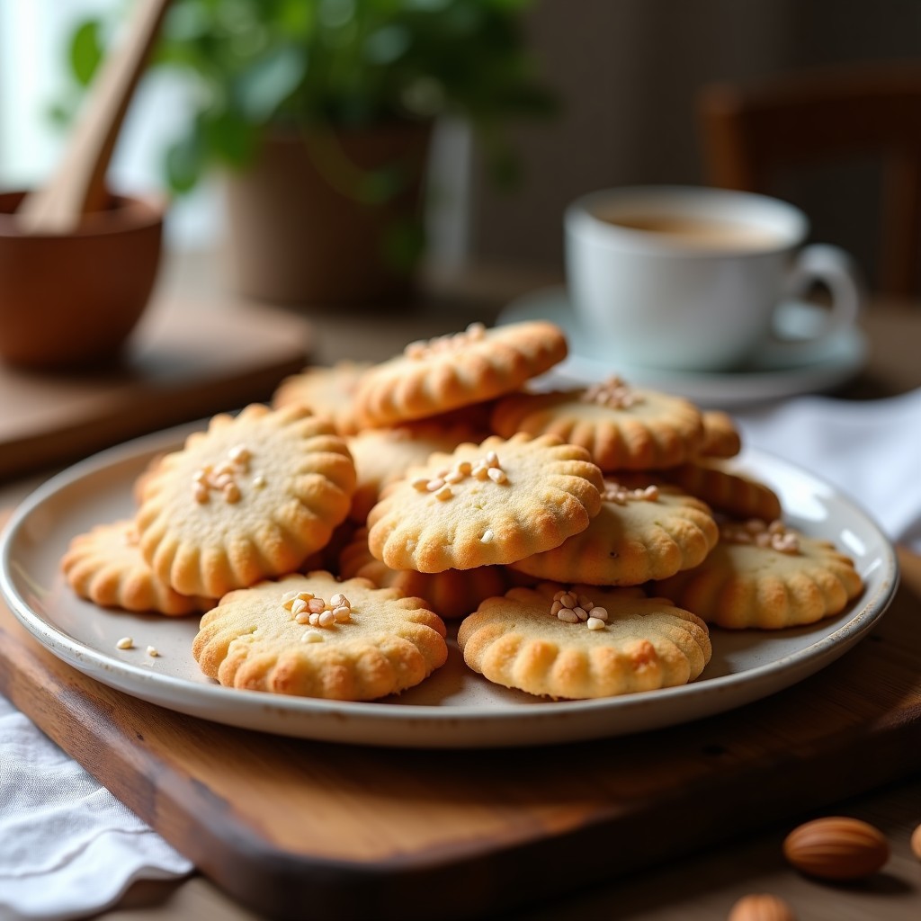 Galletas doradas y crujientes de harina de almendra con pimienta rosa (pembe), decoradas con semillas de sésamo tostadas, dispuestas en una bandeja de madera rústica con fondo borroso de cocina.