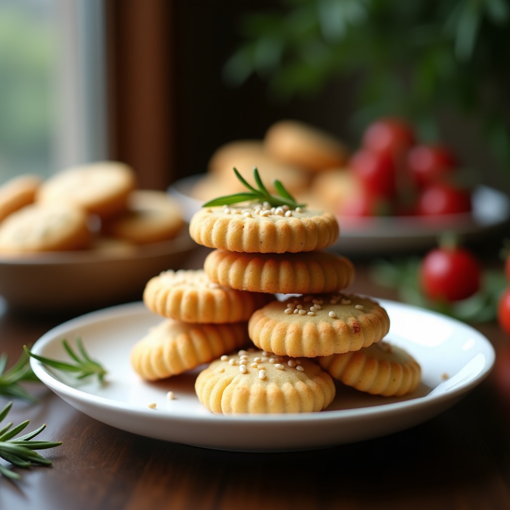 Galletas redondas y doradas de harina de almendra con trocitos verdes de romero fresco, apiladas en un plato de cerámica blanca sobre fondo rústico de madera. Snack mexicano sin horno y sin azúcar.
