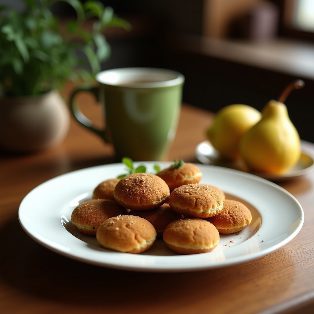 Galletas keto de harina de banana verde y cacao, doradas y esponjosas, con textura ligeramente crujiente en los bordes, servidas en una bandeja de madera rústica con un poco de cacao en polvo espolvoreado.