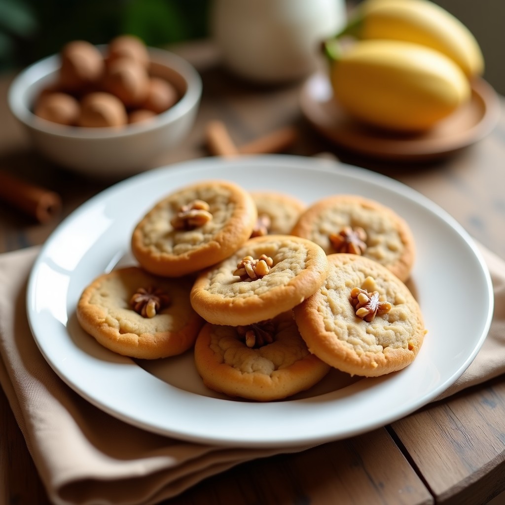 Galletas doradas y esponjosas de harina de banano y canela en airfryer, con almendras fileteadas por encima, servidas en un plato de madera rústico con una taza de café al lado.