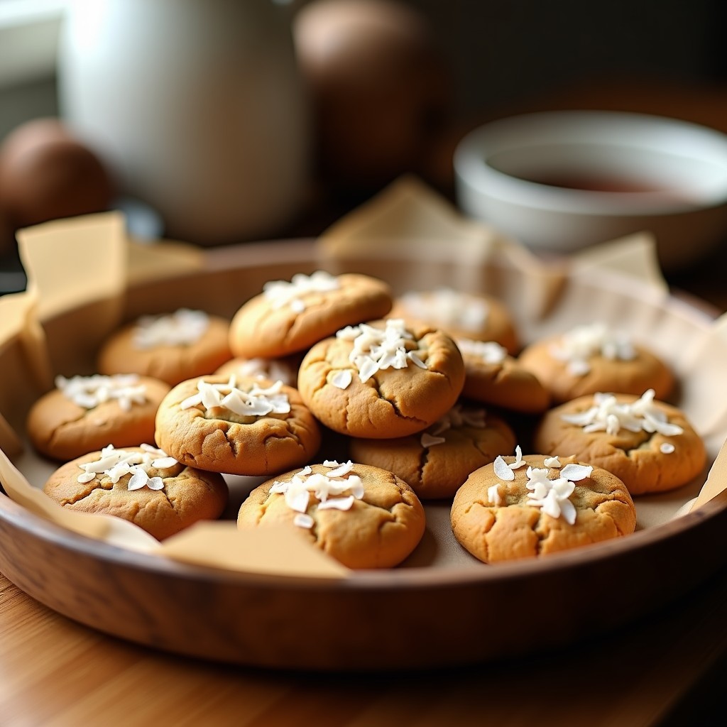 Galletas doradas y esponjosas de harina de banano y polvo de hongos Reishi, con textura crujiente por fuera y trozos de coco rallado, servidas en una bandeja de madera rústica sobre papel de hornear.