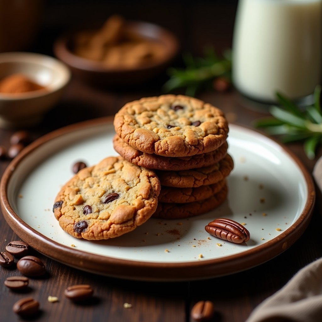 Galletas doradas y crujientes de harina de café y nueces pecanas, dispuestas en una bandeja de madera rústica con granos de café y nueces enteras al fondo. Receta keto sin harina y energética para desayuno.