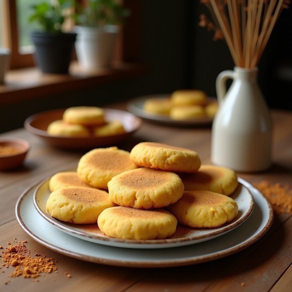 Galletas doradas y crujientes de harina de coco y puré de garbanzo, espolvoreadas con semillas de sésamo, sobre una bandeja de madera rústica con especias Ras el Hanout al fondo. Textura rugosa y color dorado claro.