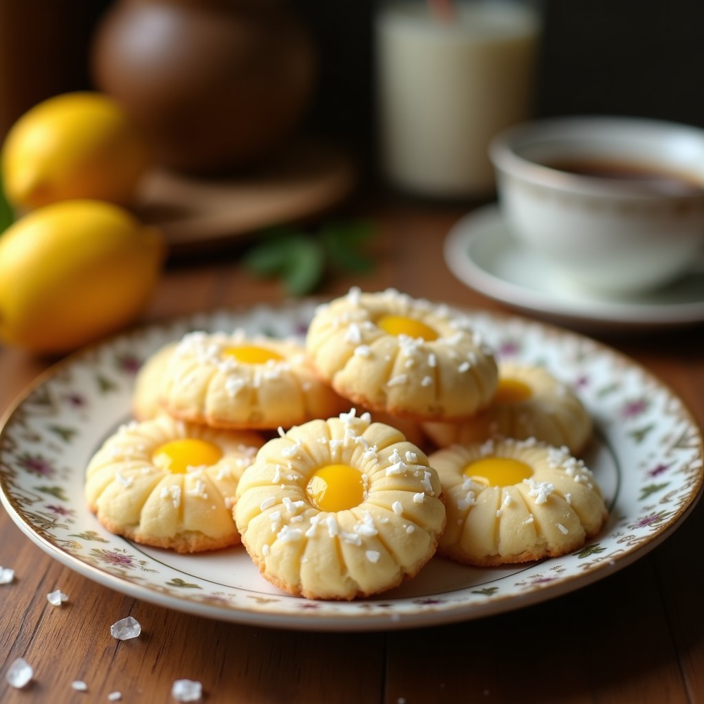 Bandeja de galletas doradas de harina de coco con trocitos de limón confitado y almendras fileteadas, postre keto y sin gluten, servidas sobre papel de horno rústico.