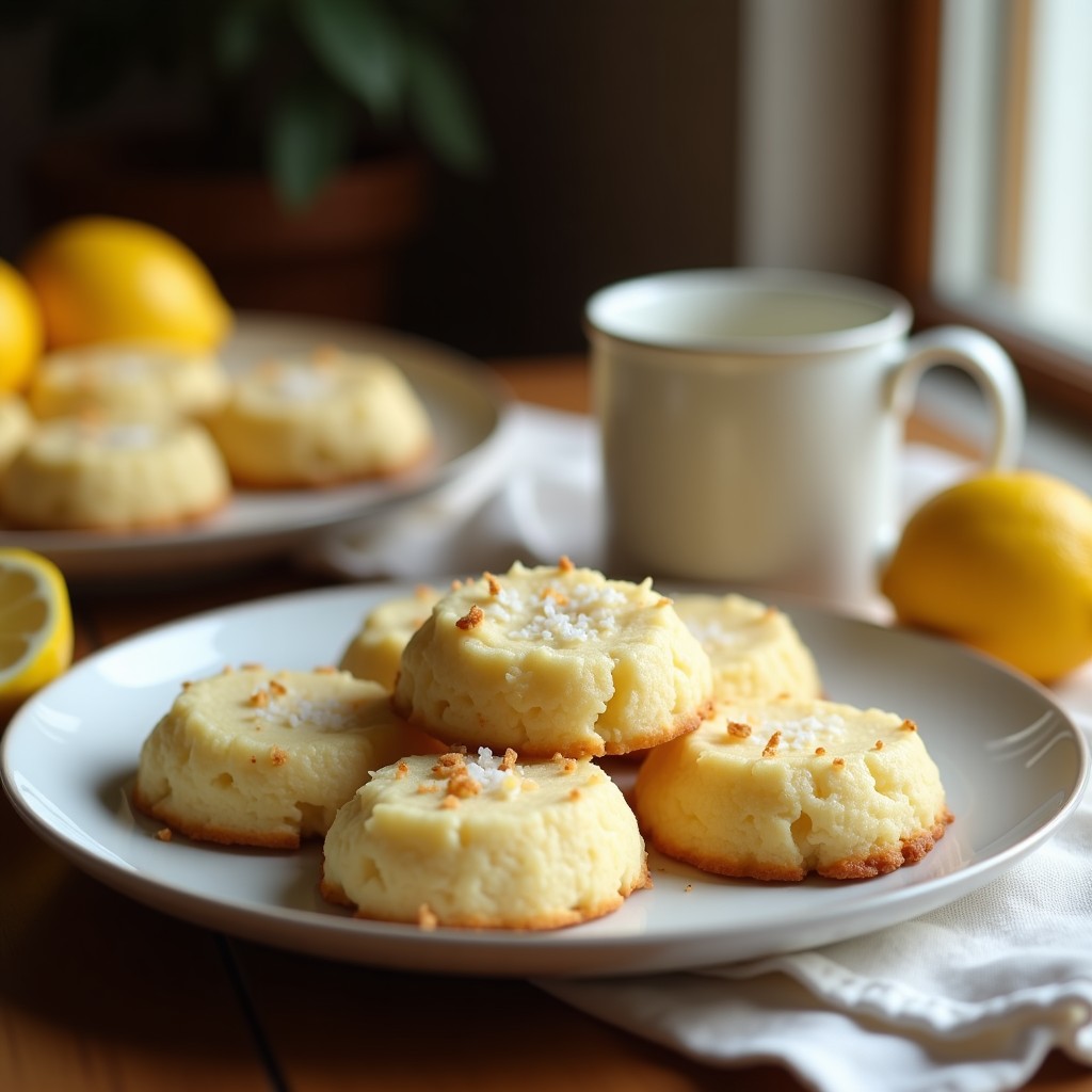 Bandeja de galletas doradas de harina de coco y limón keto sin gluten, con textura esponjosa y bordes ligeramente crujientes, decoradas con ralladura de limón fresco.