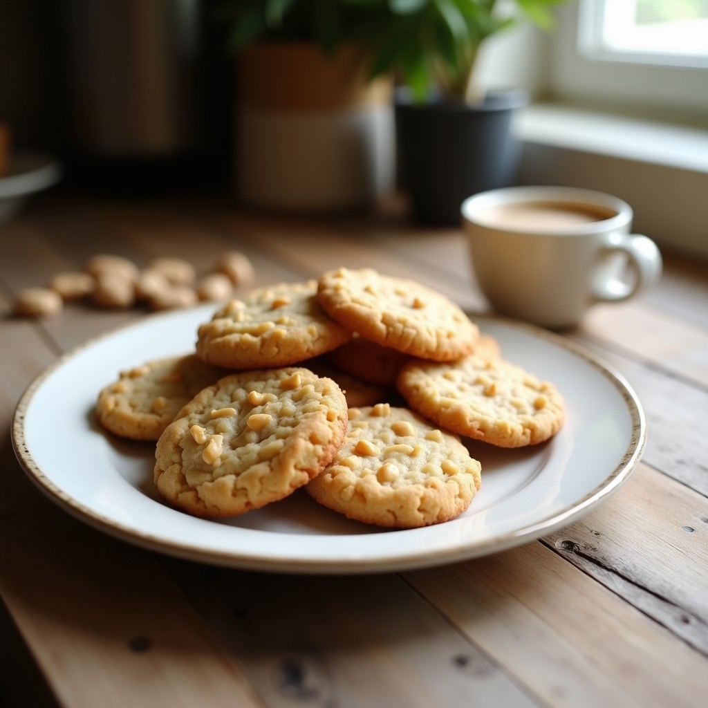 Bandeja de madera rústica con galletas doradas de harina de coco y mantequilla de maní, decoradas con chips de chocolate negro sin lactosa. Snack sin gluten y sin lactosa para niños, con textura crujiente y esponjosa.