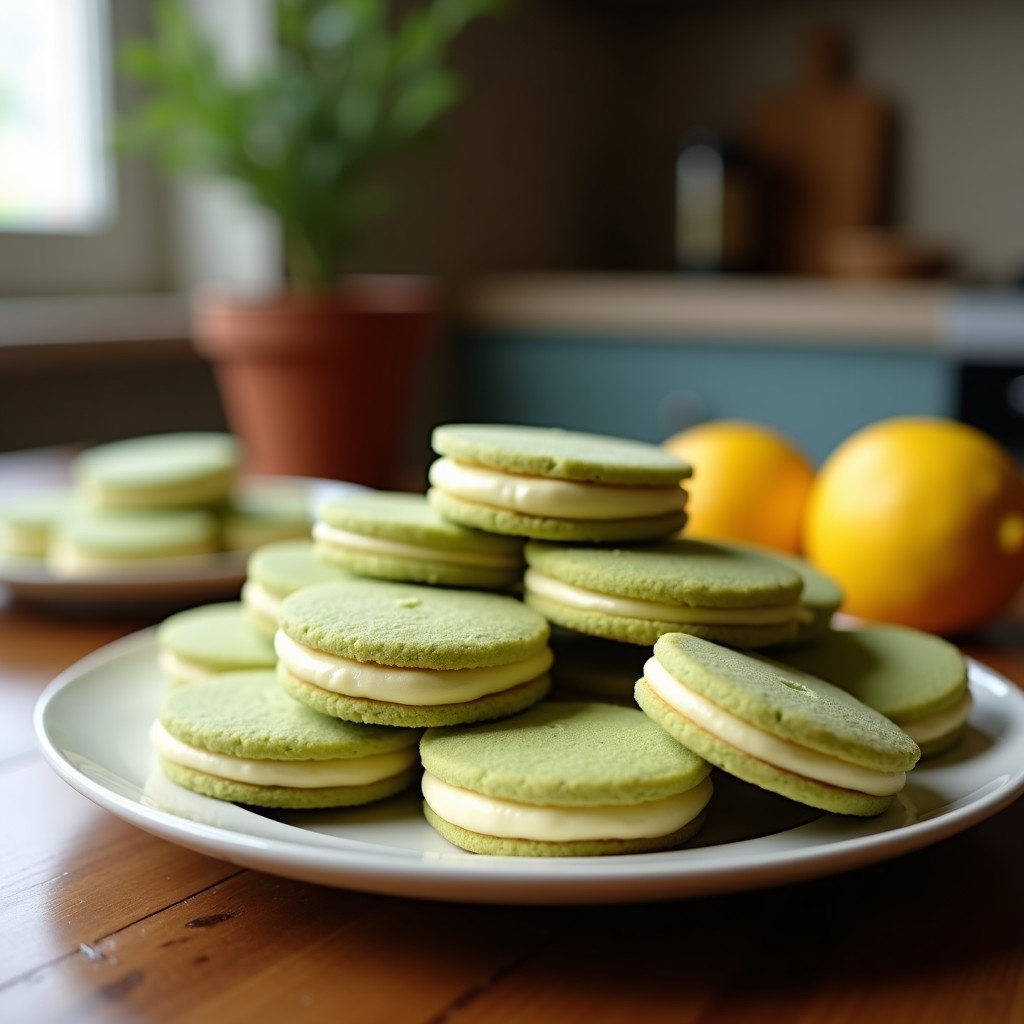 Galletas redondas doradas de harina de coco y matcha con centro brillante de mermelada de limón, dispuestas en una bandeja de madera rústica con hojas de menta y rodajas de limón como decoración. Snack vegano sin azúcar.