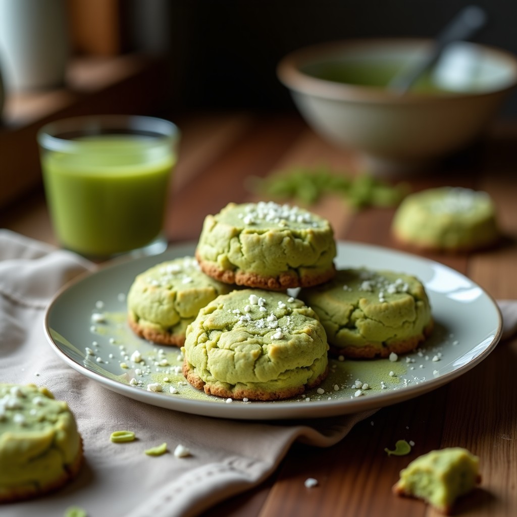 Galletas redondas y planas de color verde claro con textura rugosa, hechas de harina de coco y matcha, dispuestas en un plato de cerámica blanca con detalles dorados. Al fondo, hojas de matcha y coco rallado como decoración. Receta vegana sin horno con 4 ingredientes.