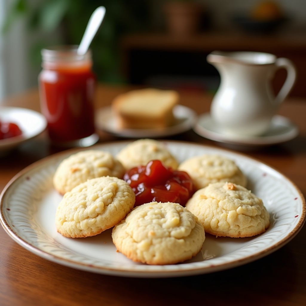 Galletas doradas de harina de coco con centro de mermelada de guayaba brillante, decoradas con coco rallado y semillas de sésamo, sobre bandeja de madera rústica con fondo de hojas de plátano. Postre colombiano sin gluten.