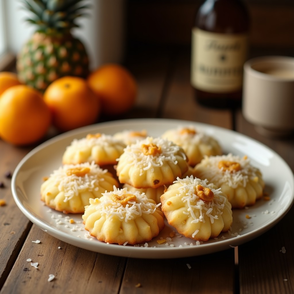 Galletas doradas y crujientes de harina de coco con trozos de piña deshidratada, dispuestas en una fuente de madera con fondo de coco rallado y hojas de menta, receta vegana sin gluten en airfryer.