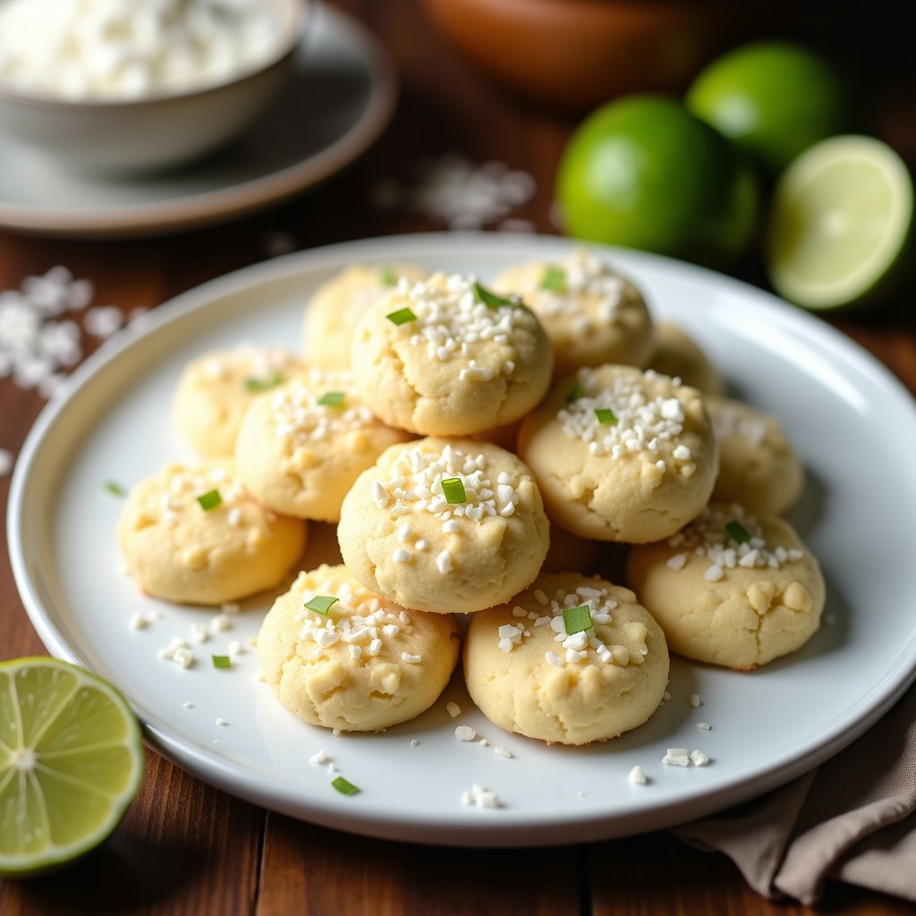 Galletas doradas y esponjosas de harina de coco con ralladura de lima, apiladas en un plato blanco rústico. Snack keto sin horno, con textura crujiente por fuera y tierna por dentro, decoradas con virutas de coco tostado.